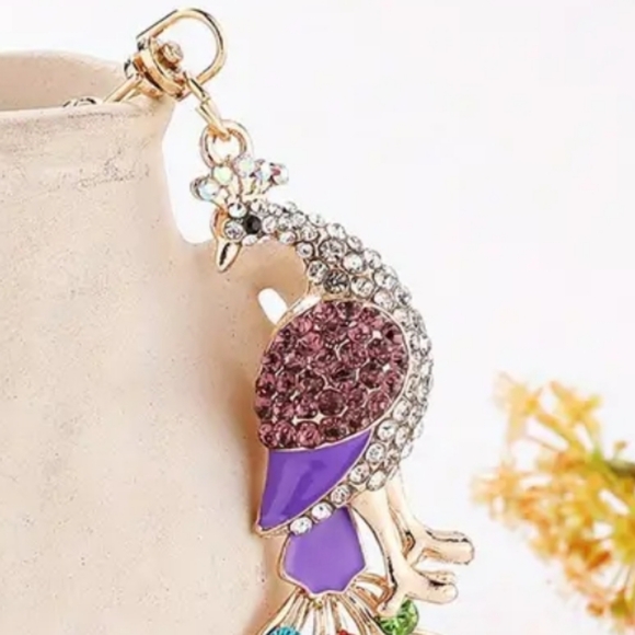 BRAND NEW! Rhinestone Peacock Keychain Purse 👜🎒 Jewel Charm ~ Gift Exotic 🦚 - Picture 7 of 7